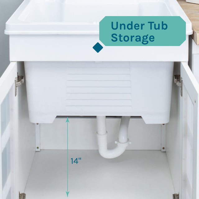 Tehila White Vanity Cabinet and White Utility Sink with Black Finish High-Arc Coil Pull-Down Faucet
