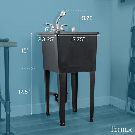 Tehila Space Saver Freestanding Black Utility Sink with Chrome Finish Pull-Out Faucet