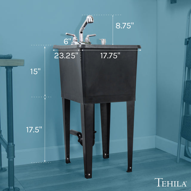 Tehila Space Saver Freestanding Black Utility Sink with Chrome Finish Pull-Out Faucet
