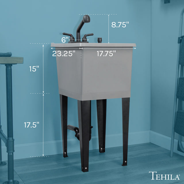 Tehila Space Saver Freestanding Grey Utility Sink with Black Finish Pull-Out Faucet