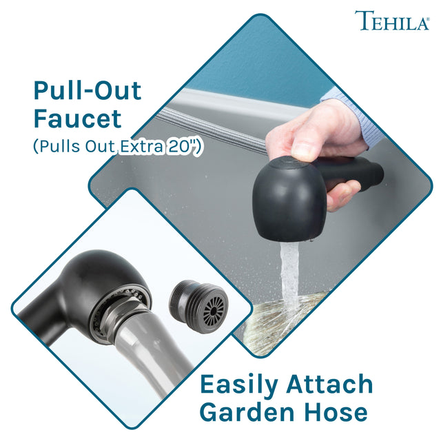 Tehila Space Saver Freestanding Grey Utility Sink with Black Finish Pull-Out Faucet