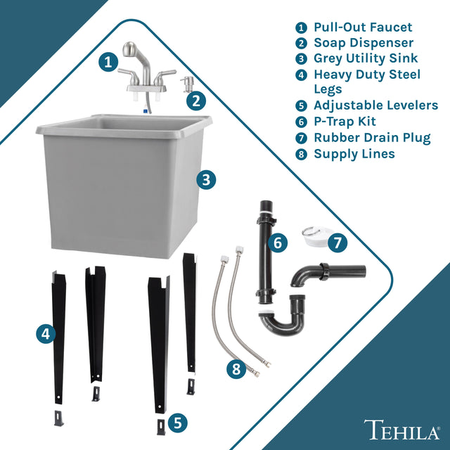 Tehila Space Saver Freestanding Grey Utility Sink with Stainless Steel Finish Pull-Out Faucet