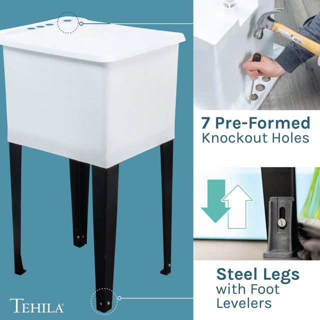 Tehila Space Saver Freestanding White Utility Sink with Chrome Finish Pull-Out Faucet