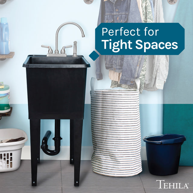 Tehila Space Saver Freestanding Black Utility Sink with Stainless Steel Finish Gooseneck Faucet and Side Sprayer