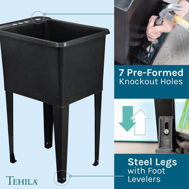 Tehila Space Saver Freestanding Black Utility Sink with Stainless Steel Finish Gooseneck Faucet and Side Sprayer