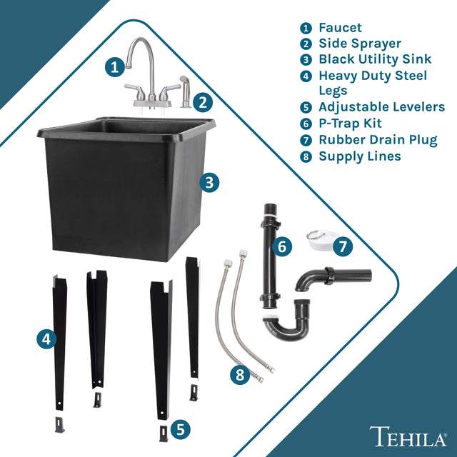 Tehila Space Saver Freestanding Black Utility Sink with Stainless Steel Finish Gooseneck Faucet and Side Sprayer