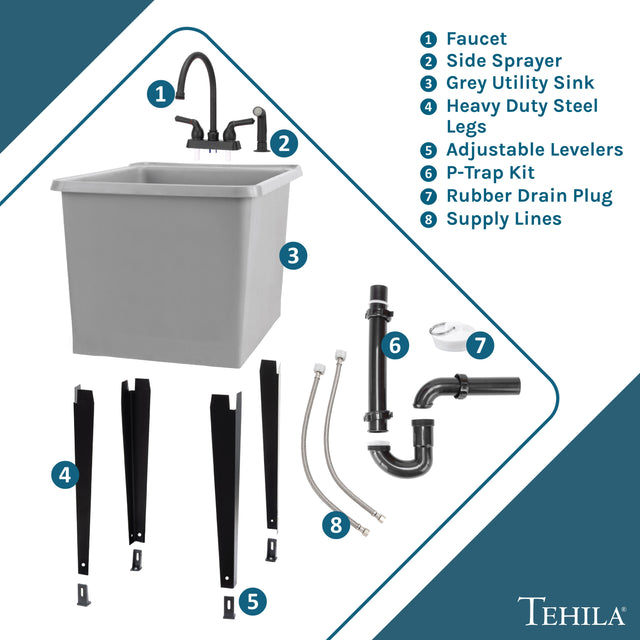 Tehila Space Saver Freestanding Grey Utility Sink with Black Finish Gooseneck Faucet and Side Sprayer