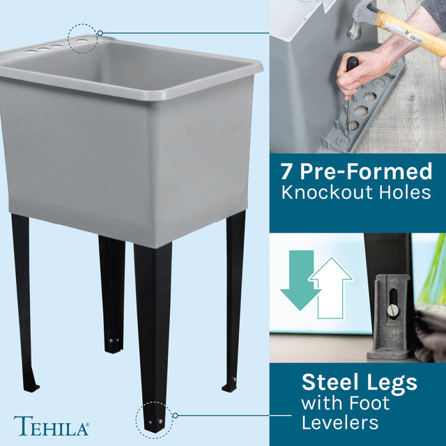 Tehila Space Saver Freestanding Grey Utility Sink with Chrome Finish Gooseneck Faucet and Side Sprayer