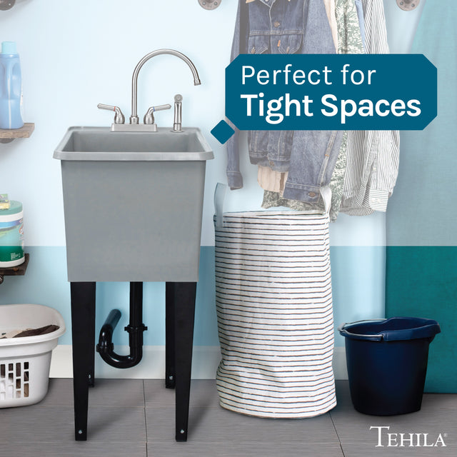Tehila Space Saver Freestanding Grey Utility Sink with Stainless Steel Finish Gooseneck Faucet and Side Sprayer
