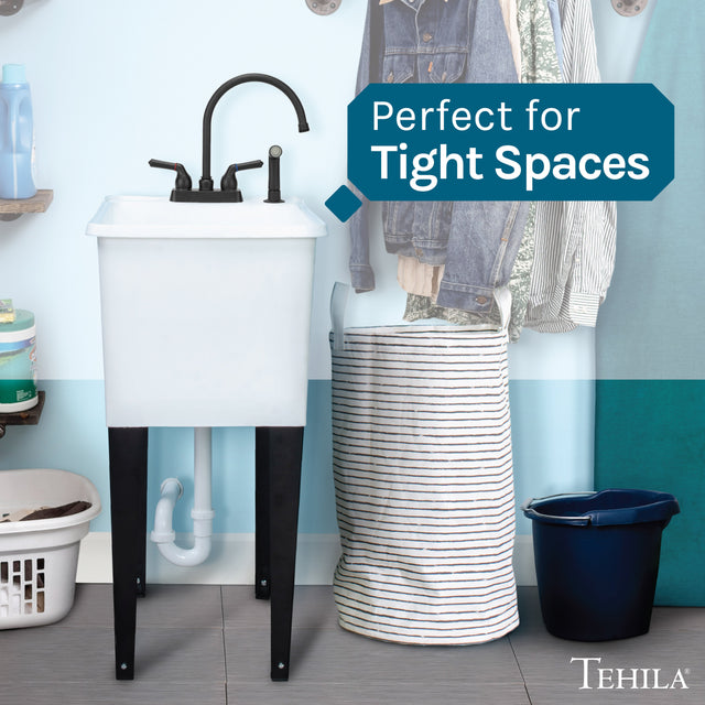 Tehila Space Saver Freestanding White Utility Sink with Black Finish Gooseneck Faucet and Side Sprayer