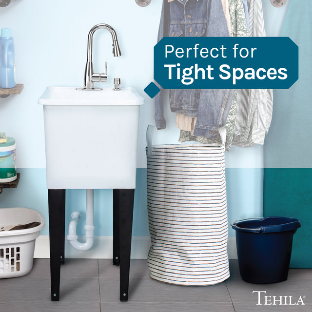 Tehila Space Saver Freestanding White Utility Sink with Chrome Finish Low-Profile Pull-Down Faucet