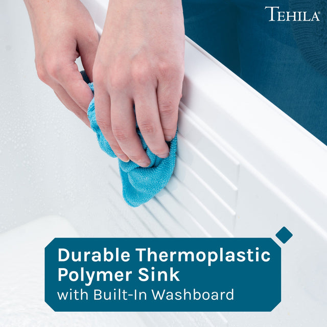 Tehila Luxe Freestanding White Utility Sink with Drainage Kit, No Supply Lines, No Strainer Basket