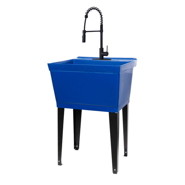 Tehila Standard Freestanding Blue Utility Sink with Black Finish High-Arc Coil Pull-Down Faucet