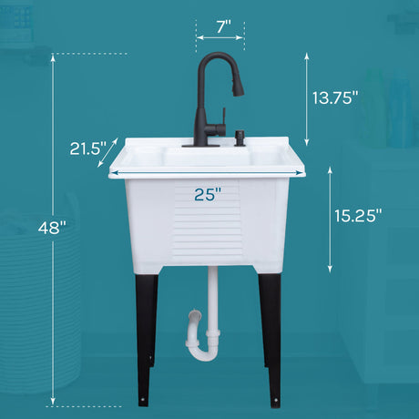 Tehila Luxe Freestanding White Utility Sink with Black Finish Low-Profile Pull-Down Faucet