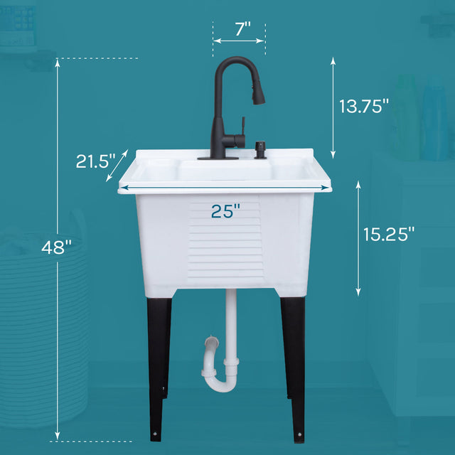 Tehila Luxe Freestanding White Utility Sink with Black Finish Low-Profile Pull-Down Faucet