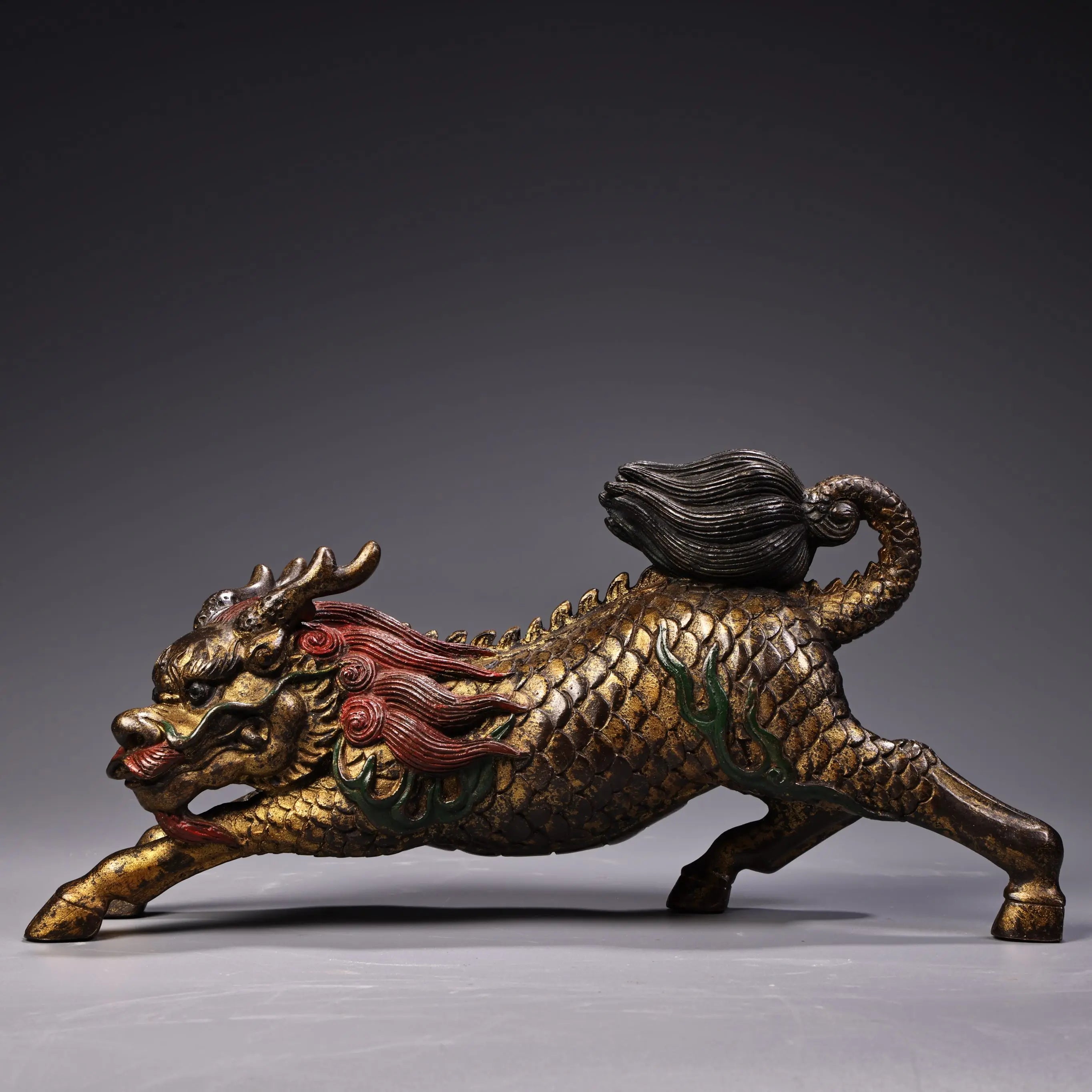 Tibetan Bronze Painted Kirin Wealth Guardian Statue