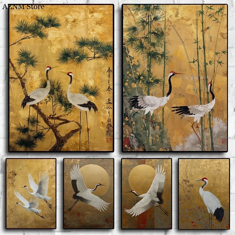 Japanese Elegant Crane Birds Nature Poster Flying Cranes in Gold and White Canvas Painting Asian Wall Art Living Room Home Decor