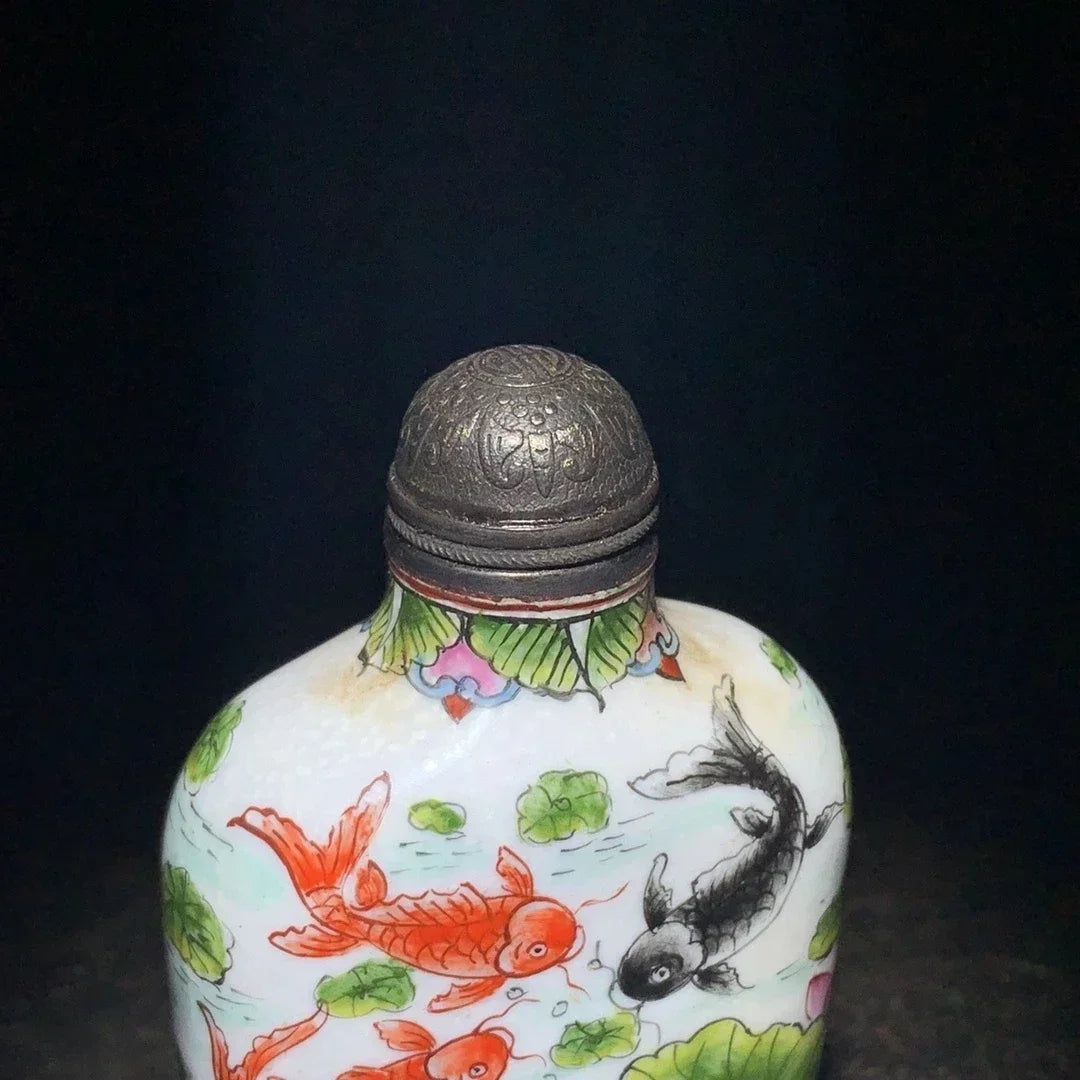 Enamel Chinese Porcelain Snuff Bottle with Cloisonne - Fish Design