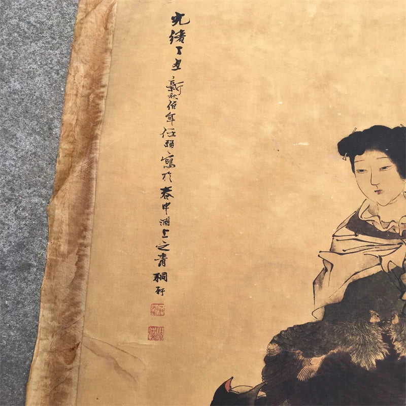 Ren Bonian Chinese Old Scroll Artist Core Portrait Flower & Bird Design Rice Paper Cut-Out Painting Slice for Home Decor