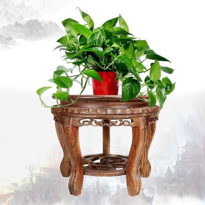 Carved Wood Round Flowerpot Bonsai Fish Tank Base