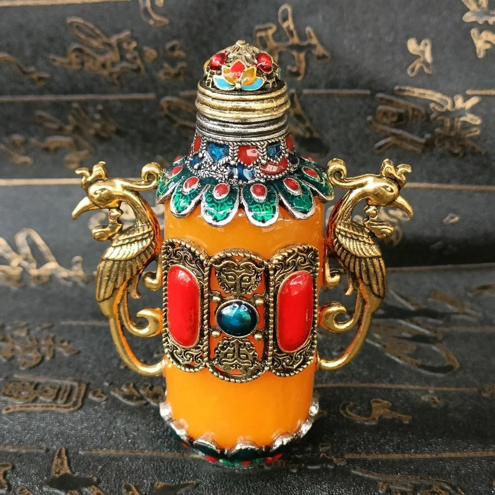 Exquisite Chinese Handmade Double Phoenix Copper Snuff Bottle with Gift Box