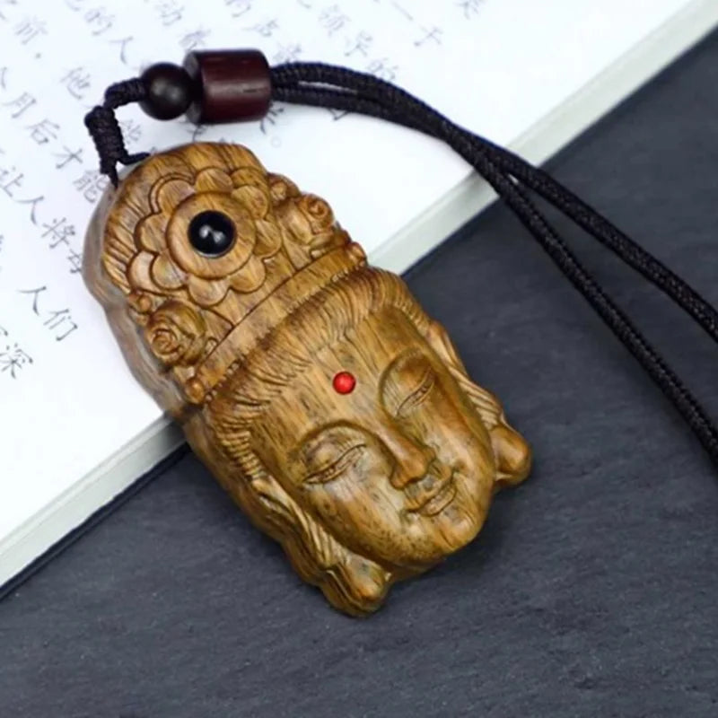 Green Sandalwood Kwan Yin Mask Netsuke – Carved Figurine 5.5 cm