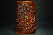Tibetan Temple Boxwood Pen Holder – Golden Boy & Jade Girl Playing (Study Treasure)