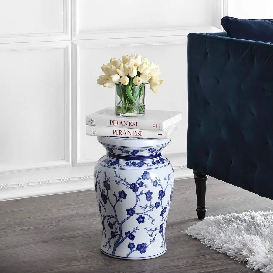 Cherry Blossom Ceramic Garden Stool – 17.7" Indoor/Outdoor Side Table