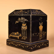 6" Tibetan Temple Collection Vintage Wood Lacquerware Storage Trunk, Pedestal with Bonsai Tea Table