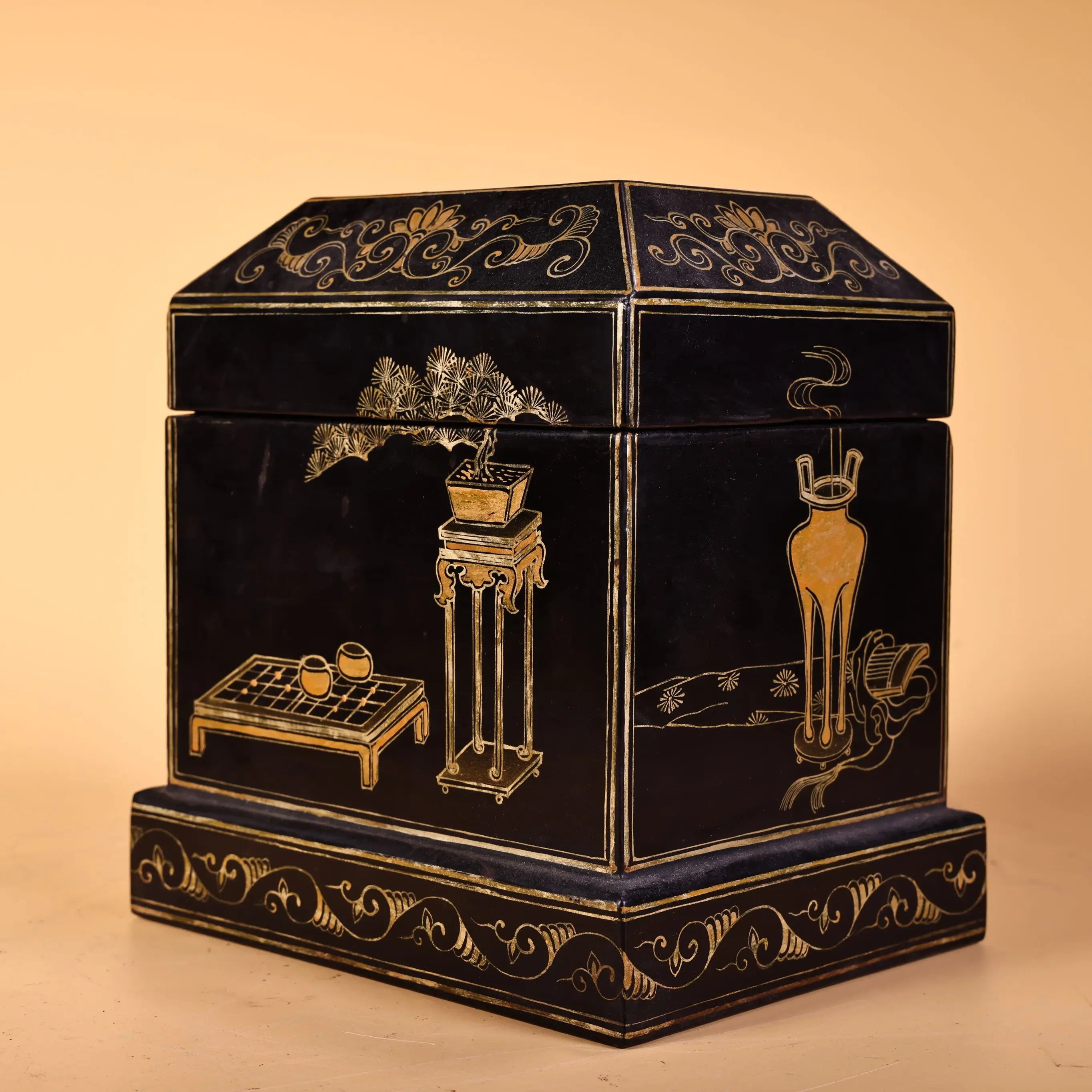 6" Tibetan Temple Collection Vintage Wood Lacquerware Storage Trunk, Pedestal with Bonsai Tea Table