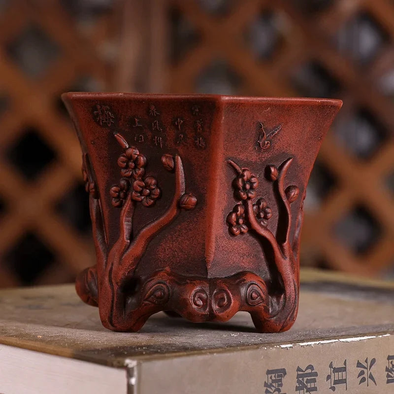 Purple Sand Plum Blossom Bonsai Pot – Carved Traditional Chinese Planter