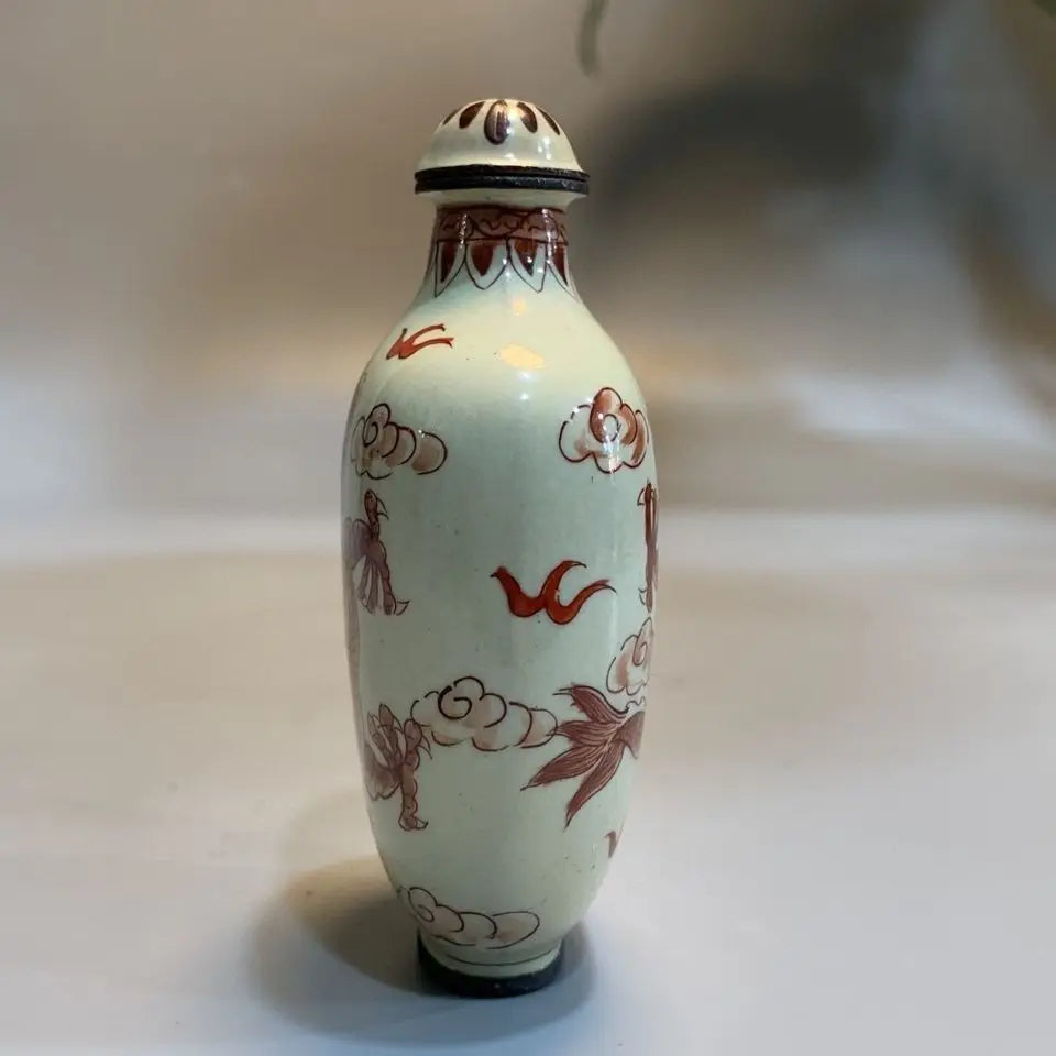 Early Collectible Snuff Bottle, Red Copper Body Enamel Double Dragon Design, Exquisite Craftsmanship,Cultural Hand Play Ornament