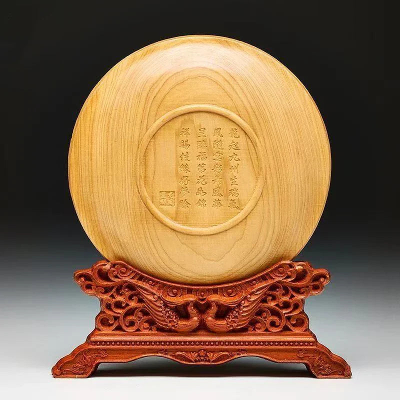 Wood Carving Dragon and Phoenix Round Carving Art Statue High Quality