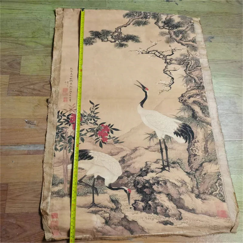 China Old Scroll Painter's Rice Paper Wall Art Slice Shen Quan's Song Mei Double Crane Picture Traditional Asian Decor