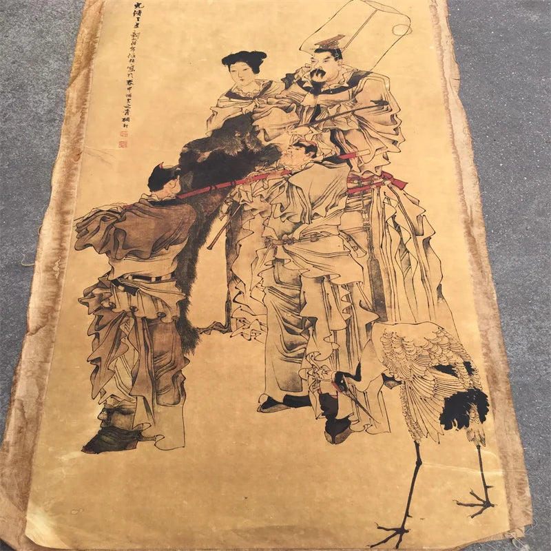 Ren Bonian Chinese Old Scroll Artist Core Portrait Flower & Bird Design Rice Paper Cut-Out Painting Slice for Home Decor