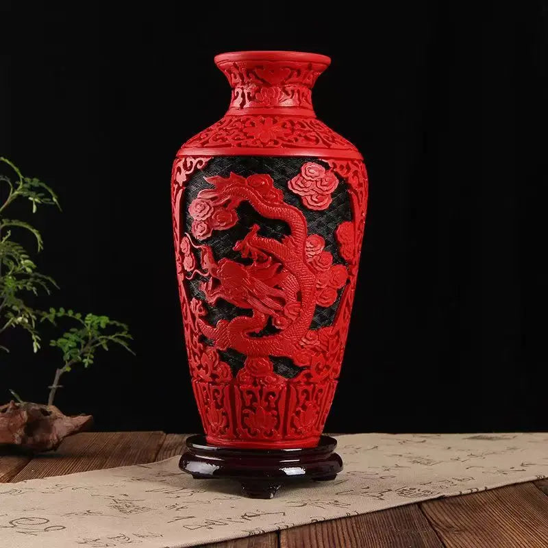 10" Chinese Red Lacquerware Dragon Vase