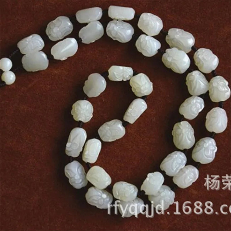 Hetian Eighteen Arhats Green and White Jade Bead Necklace