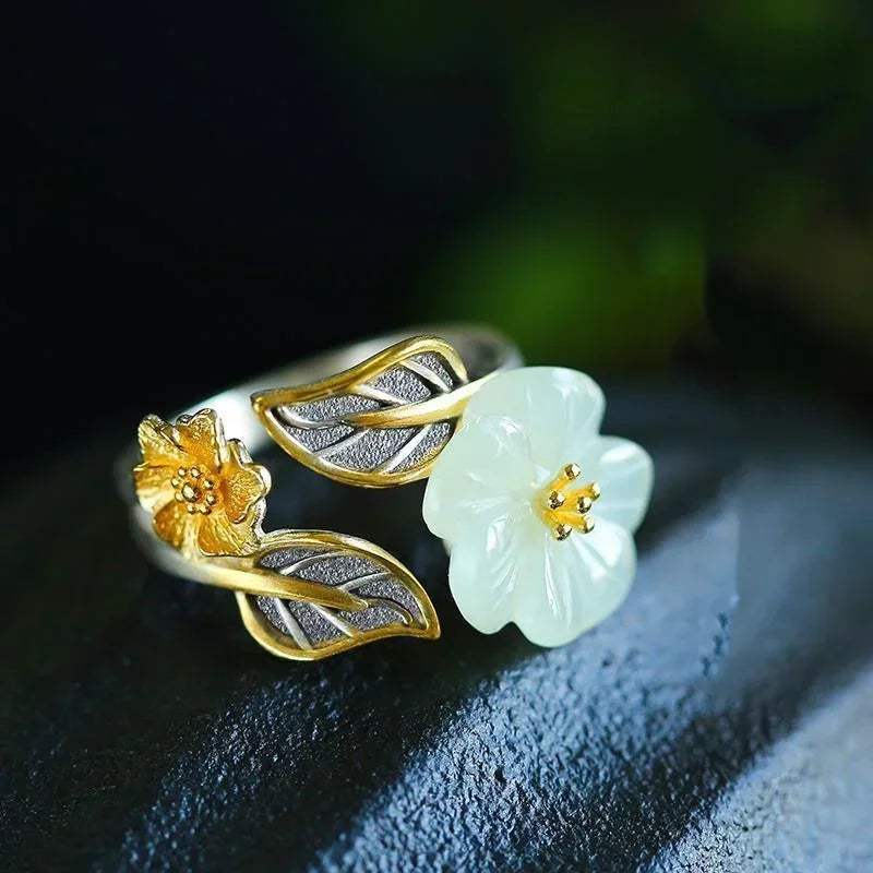 925 Silver White Hetian Jade Flower Adjustable Ring Jewelry Zircon Charm Gifts Crystal Amulet Men Women Chalcedony Fashion