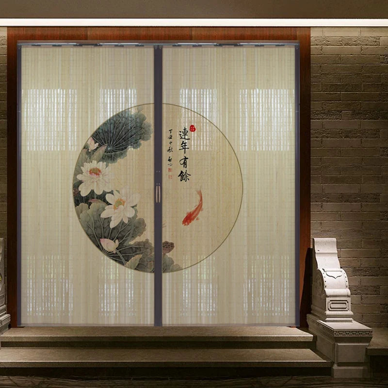 Printed Bamboo Sliding Door Partition Traditional Chinese Room Divider Foldable Screen