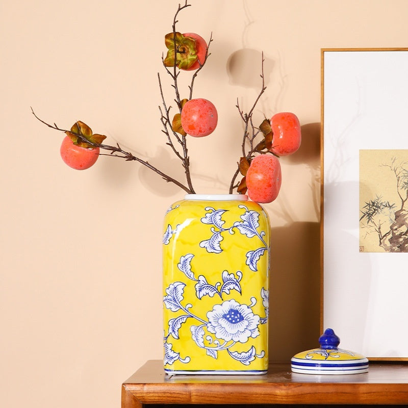 New Chinese‑Style Imperial Yellow Square Storage Jar