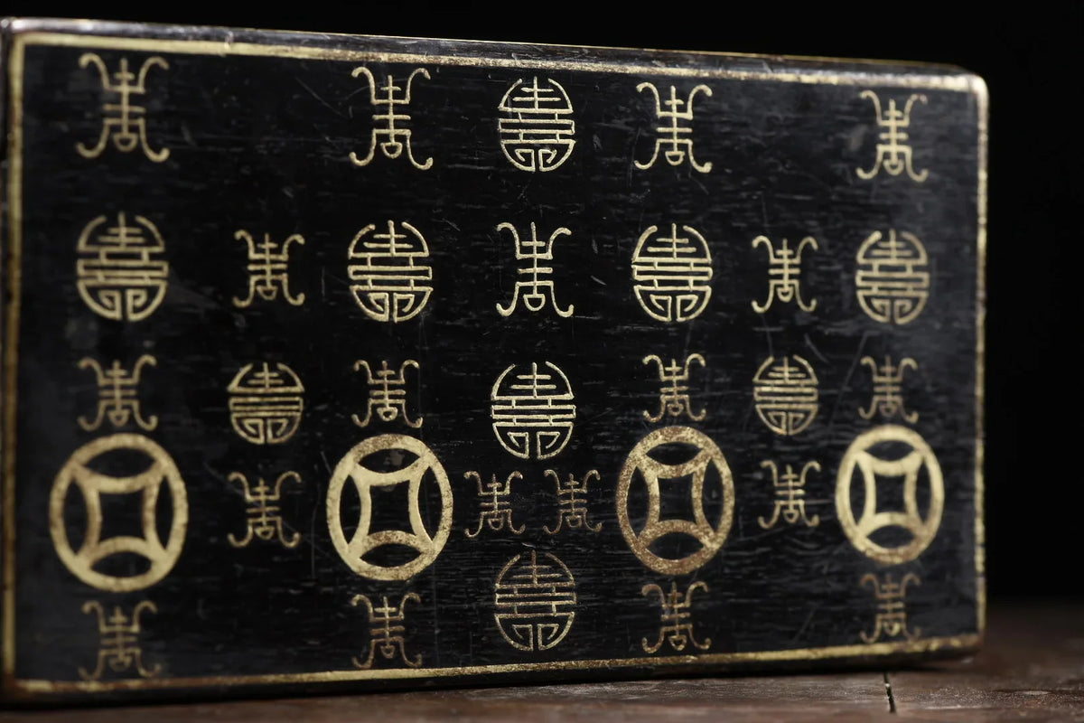 Old Wood Lacquerware Outline in gold Eight Treasures of Tuanshou Pattern Portable Buddhist niche Drawer box Ornaments