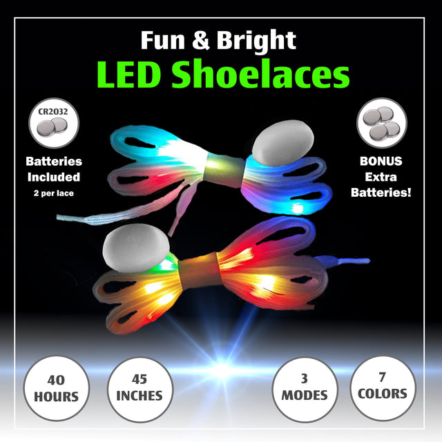 7 Color Strobe LED Light Up Shoe Laces Flashing Glow in the Dark White Tie Shoelaces for Sneakers, Skates, 45 inch