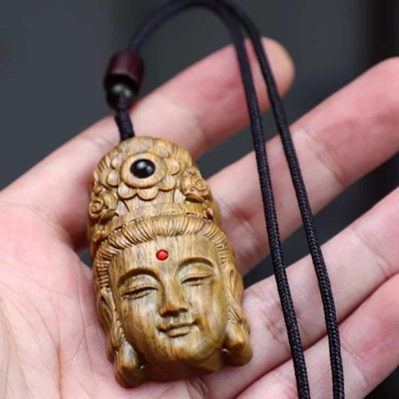 Green Sandalwood Kwan Yin Mask Netsuke – Carved Figurine 5.5 cm