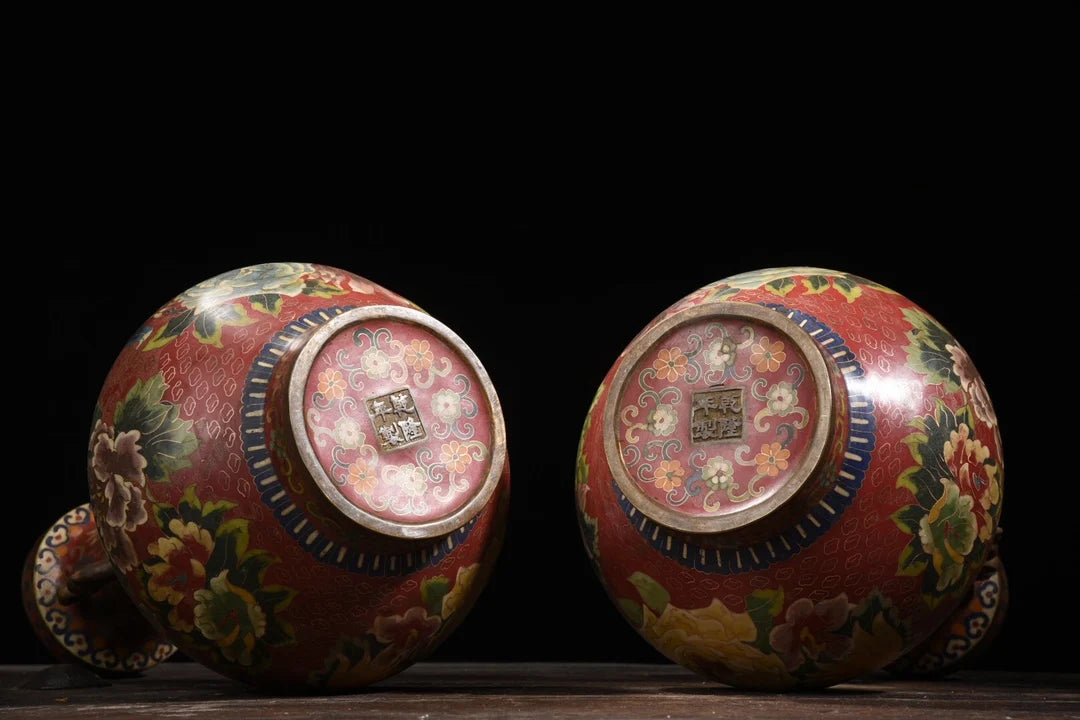 Tibetan Temple Purple-Bronze Cloisonné Vases – Dragon-Ear Flower Pair (14")