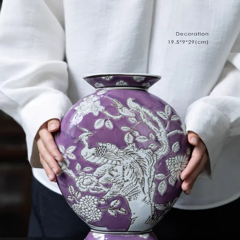 “Nirvana” Phoenix Relief Flat Vase – New Chinese Asian Home Decor