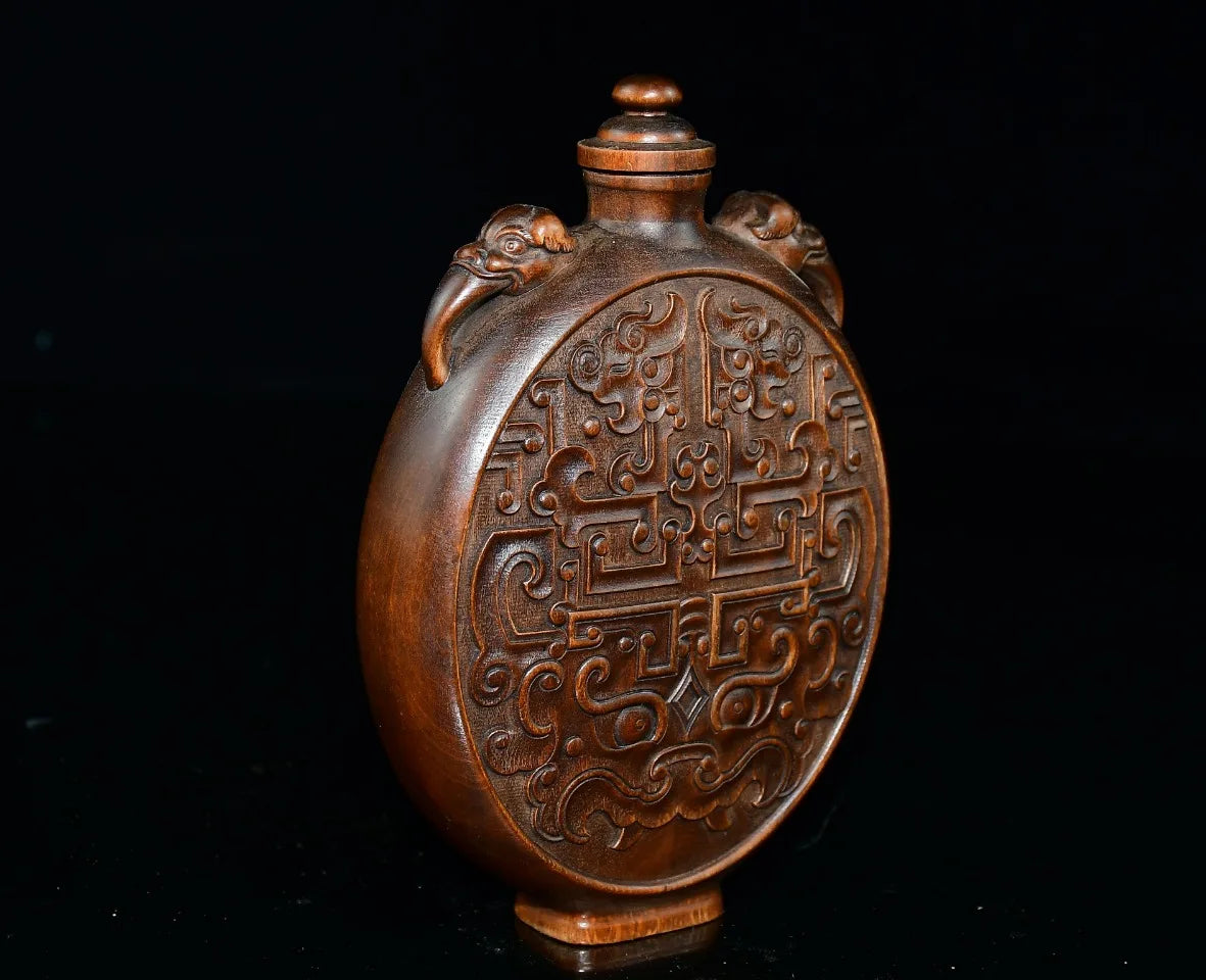 Tibetan Boxwood Flower Carved Snuff Bottle Dragon-Ear Vase