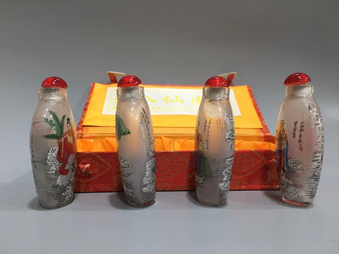 4PCS Chinese Inside Painted Glass Snuff Bottle - Eight Immortals, with Storage Box