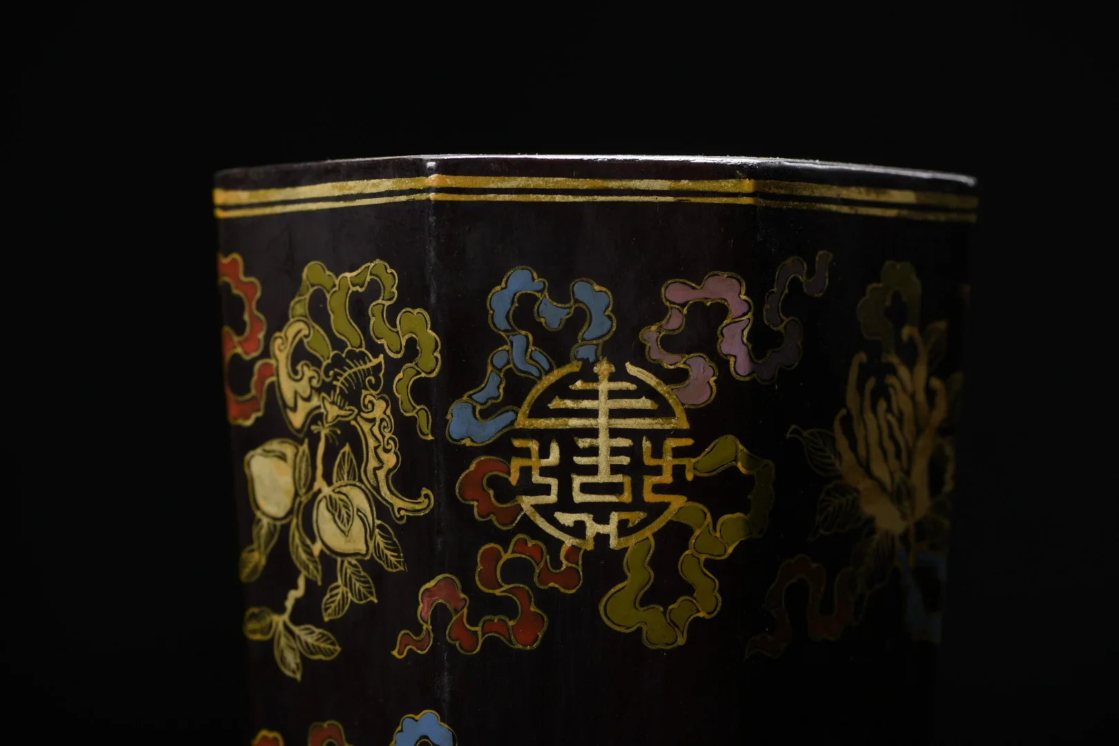 Nepalese Lacquerware Brush Pot – Gold “Blessing & Longevity” Peach Flower (6")
