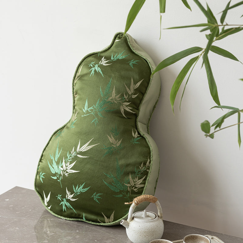 Auspicious Gourd-Shaped Velvet Throw Pillow (Bamboo Leaf)