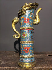 Tibetan Bronze Cloisonné Dragon-Handle Ghee Teapot (15")